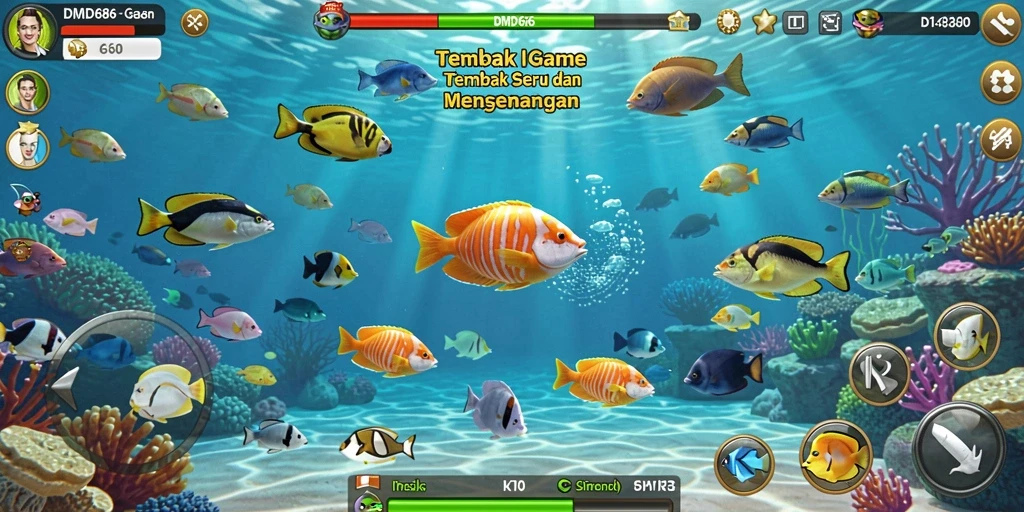 Screenshot utama DMD686 menampilkan aksi seru Tembak Ikan.