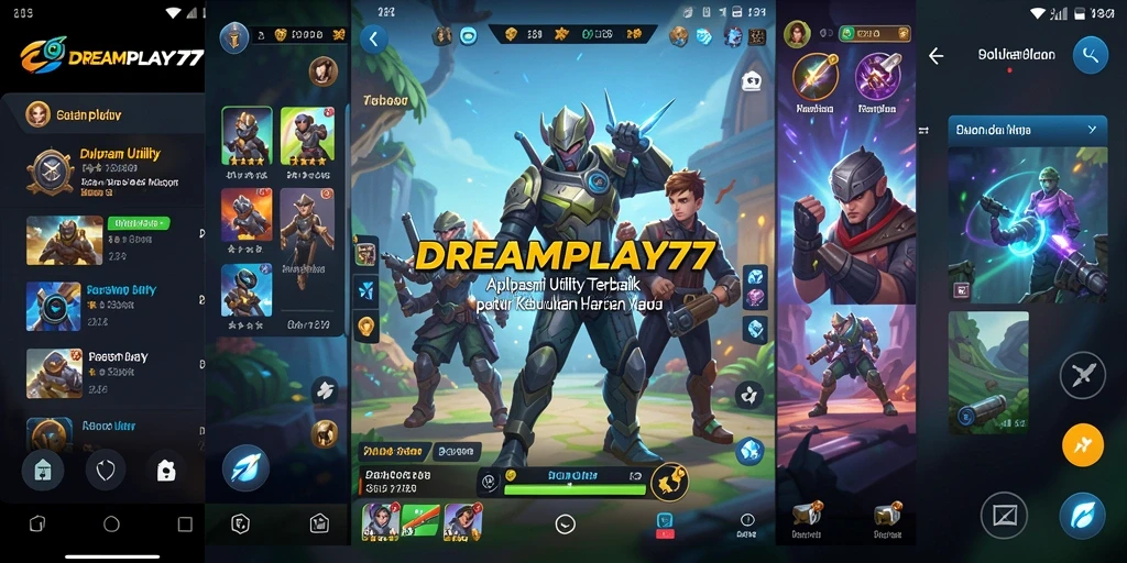Tampilan utama aplikasi DREAMPLAY77 dengan fitur-fitur utilitas.