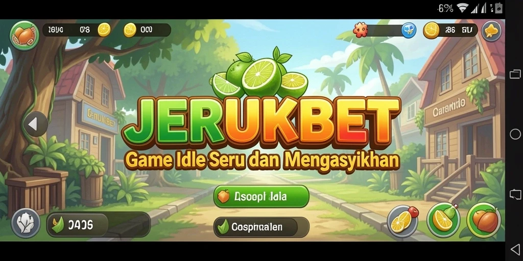 Screenshot utama menunjukkan kebun jeruk yang indah dalam gameplay Idle.