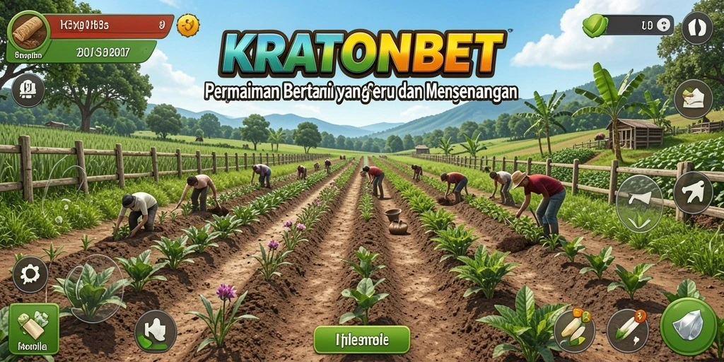 Screenshot gameplay KRATONBET menampilkan petani sedang merawat tanaman dengan ceria.