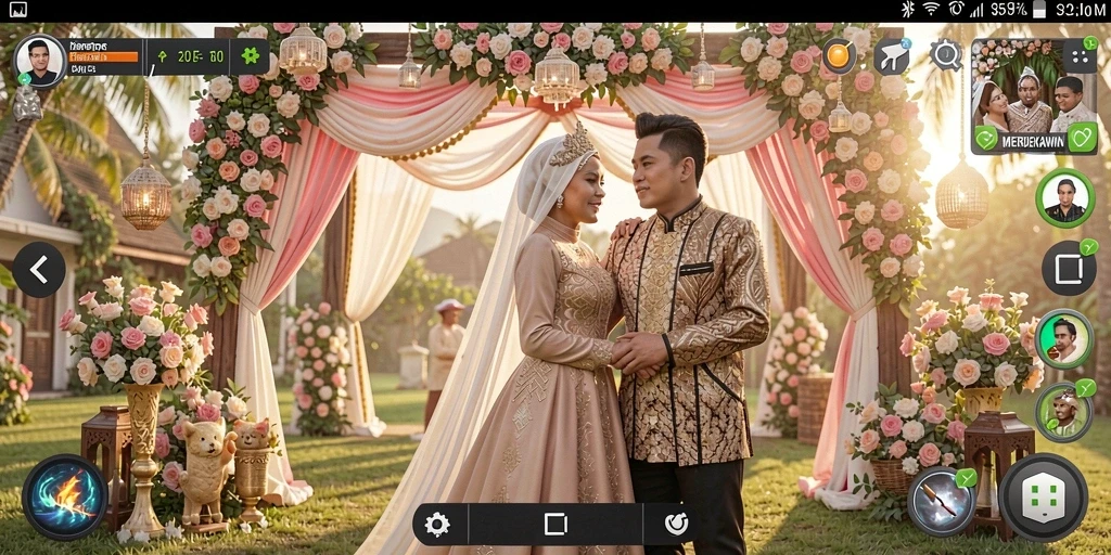 Tampilan gameplay <strong>MERDEKAWIN</strong> menampilkan momen indah dalam pernikahan.