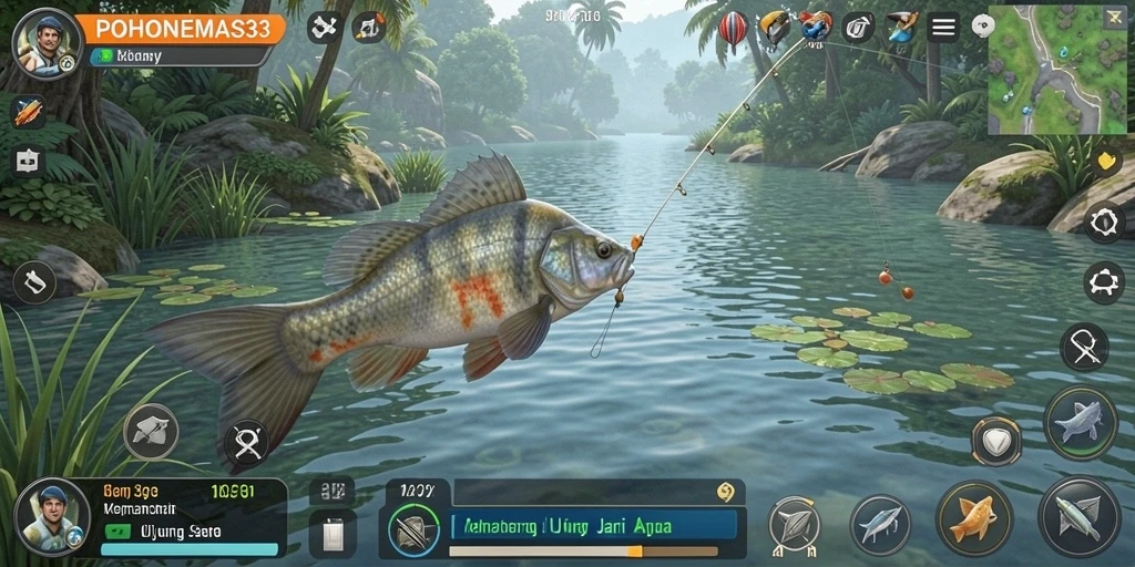 Tampilan gameplay seru dalam POHONEMAS33 saat menangkap ikan.