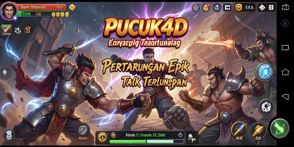 Screenshot menampilkan pertarungan seru di PUCUK4D dengan karakter khas.