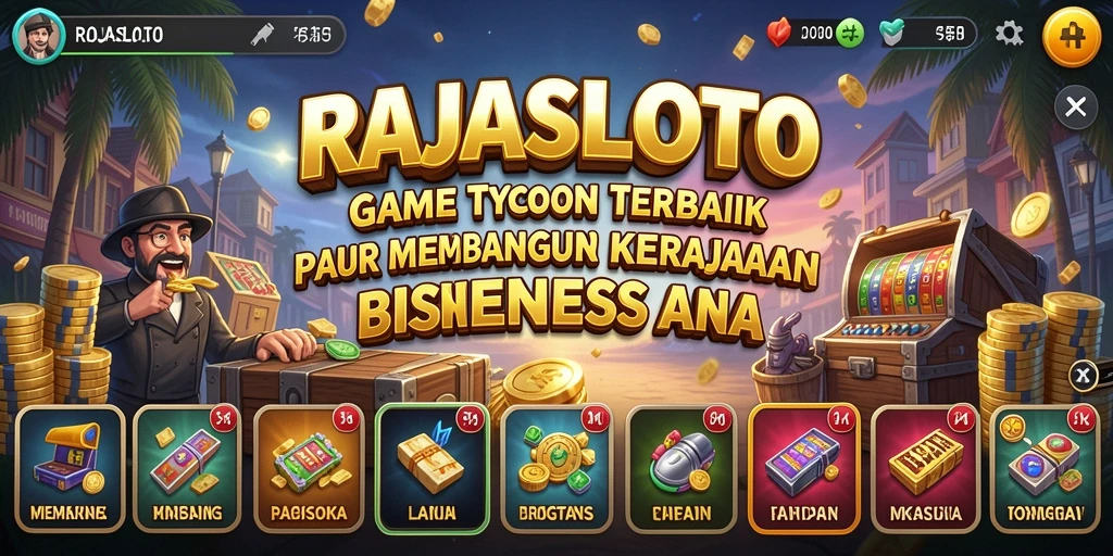 Tangkapan layar RAJASLOTO menampilkan aksi seru saat membangun kerajaan bisnis.