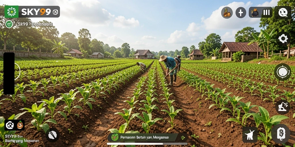 Tangkapan layar SKY99 menampilkan kebun yang subur dan beragam tanaman.